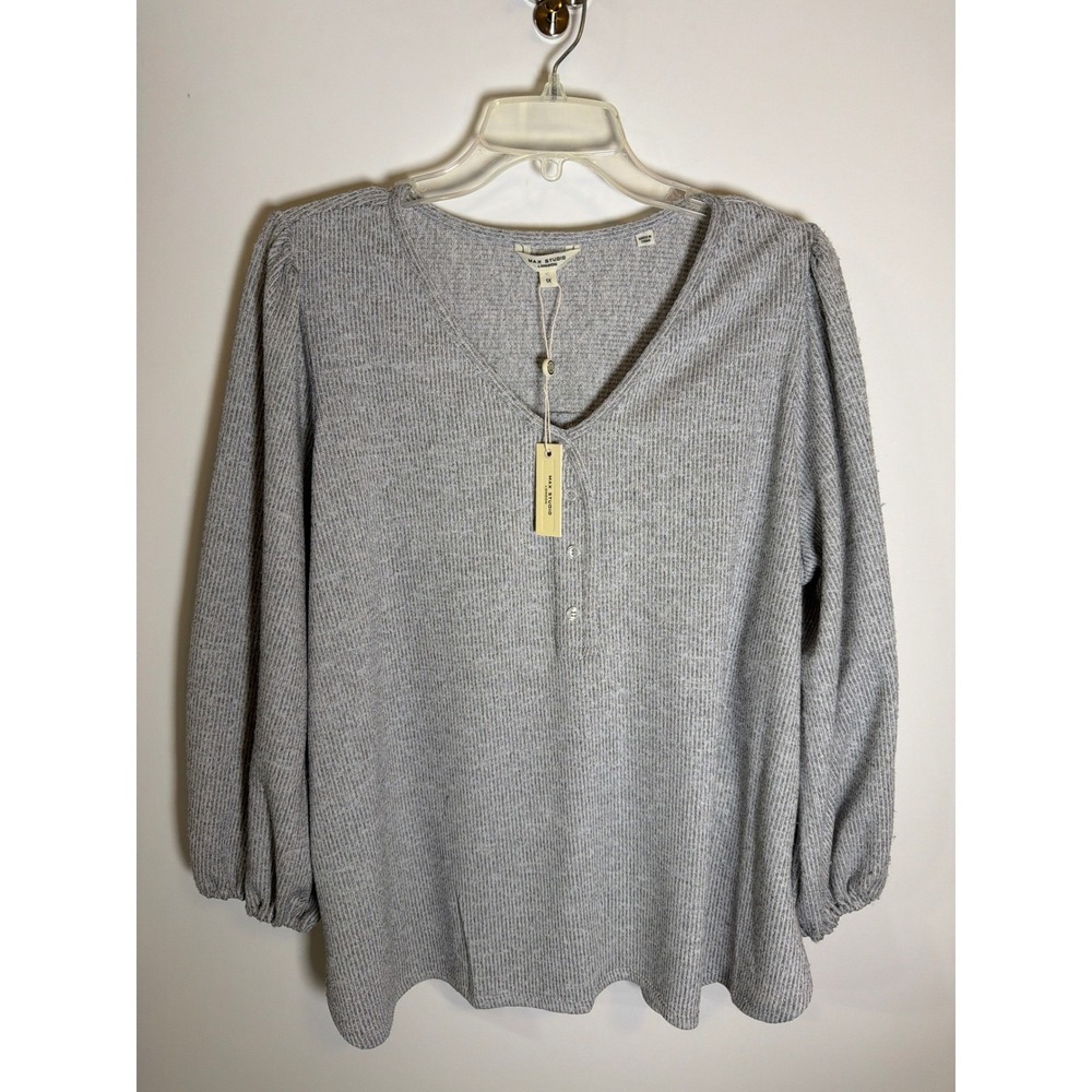 Max Studio London Womens Grey Ribbed V-Neck Puff Sleeve Top 1X